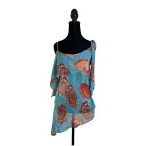 Vintage Y2K Sheer Floral Asymmetric Top Joyce Leslie Turquoise Medium